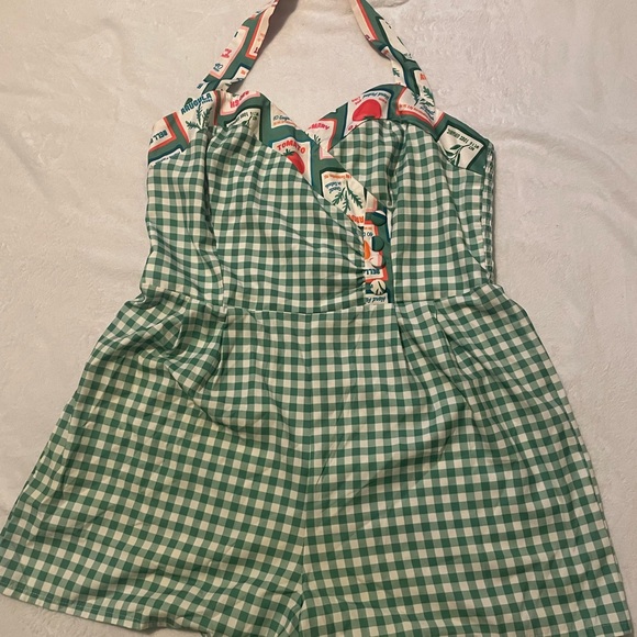 Unique Vintage Pants - Unique Vintage Green Gingham Halter Romper with Fruit Print Trim